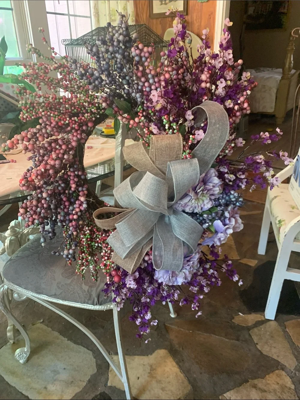 D,s. Handmade Lavender and Pink Berry Wreath with Gray Burlap Bow